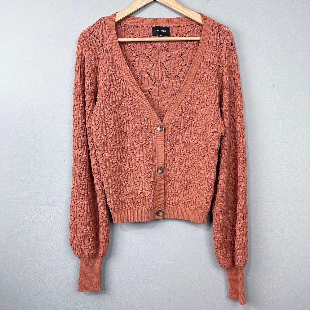 Driftwood Cardigan Women Size M Spice‎ Orange Textured Shell Knit Balloon Sleeve